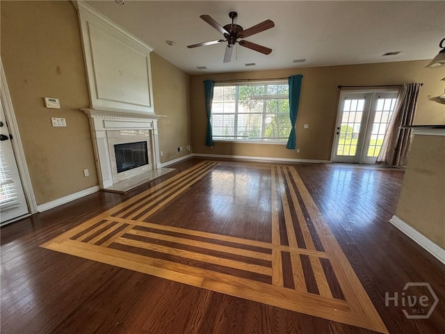 8 Fairgreen St, Savannah, GA 31407 - unfurnished living room with hardwood / wood-style floors, a fireplace, and a ceiling fan