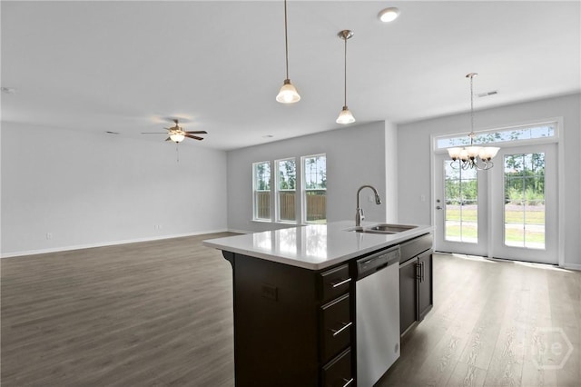 106 Brookline Dr, Savannah, GA 31407 - kitchen with dishwasher, dark wood-style flooring, a ceiling fan, light countertops, and a chandelier