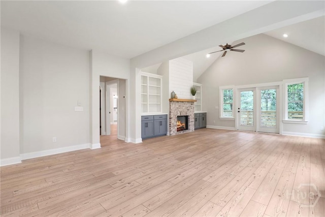 178 Cubbedge Dr, Rincon, GA 31326 - unfurnished living room featuring a brick fireplace, light wood-style floors, ceiling fan, recessed lighting, and high vaulted ceiling