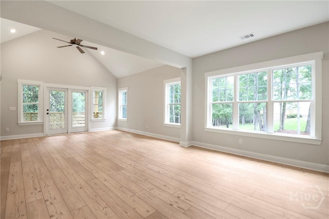 178 Cubbedge Dr, Rincon, GA 31326 - unfurnished living room with healthy amount of natural light, ceiling fan, light wood-style floors, recessed lighting, and high vaulted ceiling