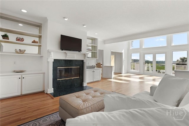271 Davis Rd, Richmond Hill, GA 31324 - living area featuring light wood finished floors, a fireplace, recessed lighting, and built in features