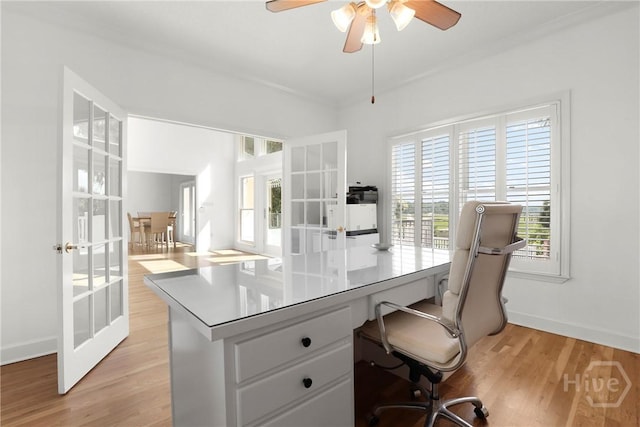 271 Davis Rd, Richmond Hill, GA 31324 - office featuring french doors, light wood-style flooring, ceiling fan, and crown molding