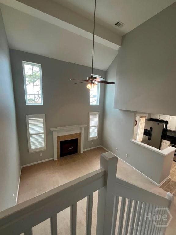 230 Opus Ct, Pooler, GA 31322 - living room featuring high vaulted ceiling, a fireplace, and a ceiling fan