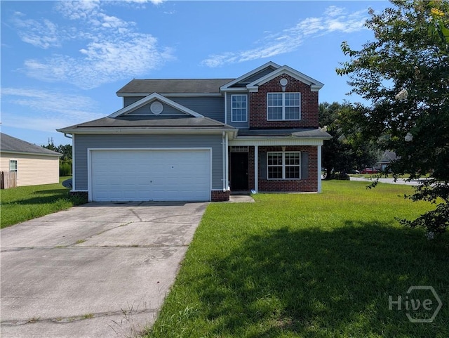 10 Evergreen Oak Dr, Richmond Hill, GA 31324 - traditional-style house with driveway, a front yard, a garage, and brick siding