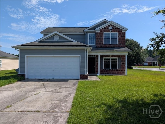 10 Evergreen Oak Dr, Richmond Hill, GA 31324 - traditional-style home with driveway, a front lawn, an attached garage, and brick siding