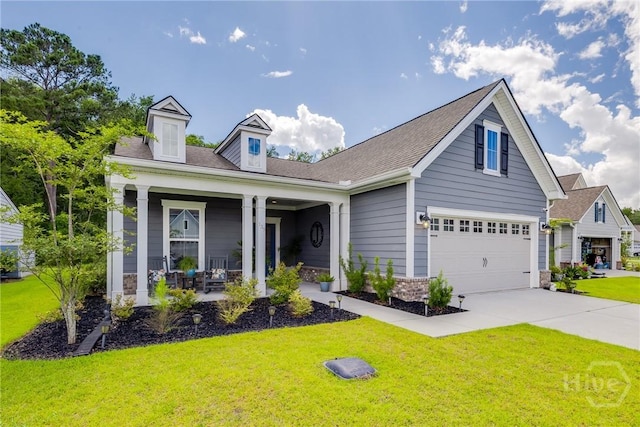 139 Harvest Hl, Pooler, GA 31322 - view of front of property with a porch, a front lawn, concrete driveway, a garage, and a shingled roof
