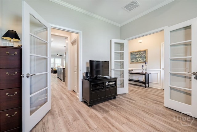 139 Harvest Hl, Pooler, GA 31322 - corridor featuring french doors, ornamental molding, and light wood finished floors