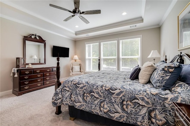 139 Harvest Hl, Pooler, GA 31322 - carpeted bedroom featuring a raised ceiling, ornamental molding, ceiling fan, and recessed lighting