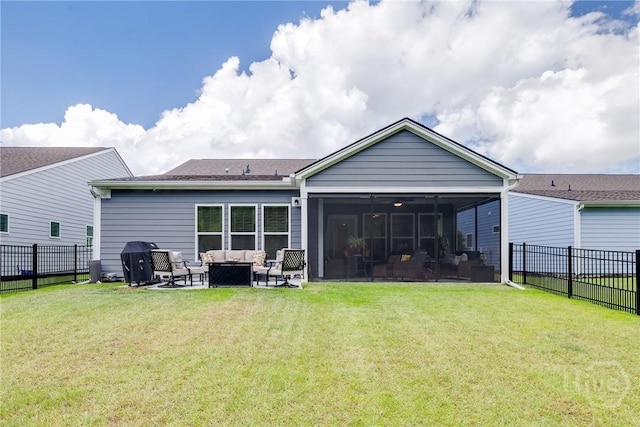 139 Harvest Hl, Pooler, GA 31322 - rear view of house featuring an outdoor hangout area, a fenced backyard, a sunroom, and a patio