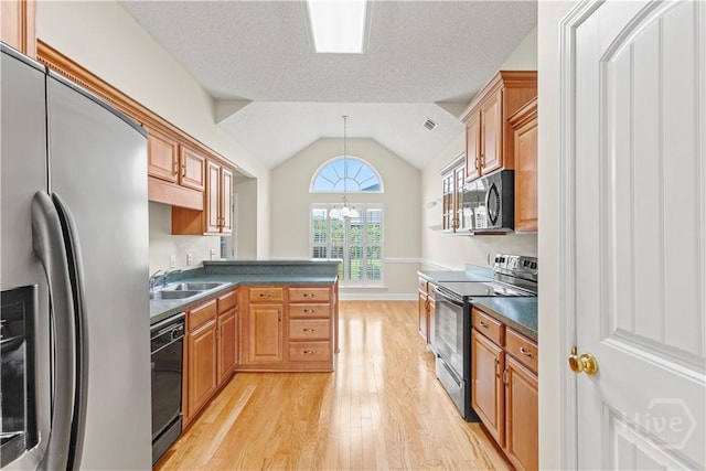 41 Patriot Dr, Richmond Hill, GA 31324 - kitchen featuring stainless steel fridge with ice dispenser, electric range oven, dark countertops, light wood finished floors, and dishwasher
