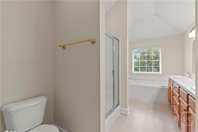 41 Patriot Dr, Richmond Hill, GA 31324 - full bathroom featuring double vanity, a bath, lofted ceiling, and an enclosed shower