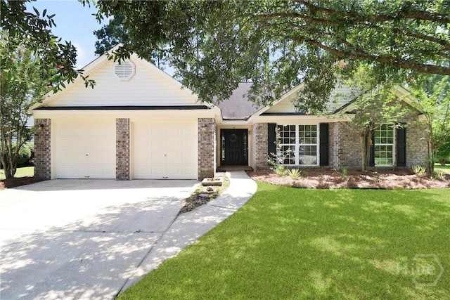 115 Yellow Jasmine Ct, Pooler, GA 31322 - ranch-style home with brick siding, concrete driveway, a garage, and a front lawn