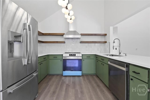 115 Yellow Jasmine Ct, Pooler, GA 31322 - kitchen featuring stainless steel appliances, open shelves, light countertops, and dark wood-type flooring