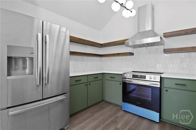 115 Yellow Jasmine Ct, Pooler, GA 31322 - kitchen featuring appliances with stainless steel finishes, open shelves, wall chimney exhaust hood, green cabinetry, and lofted ceiling