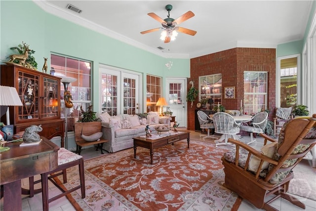 2055 Blankenbaker Rd, Statesboro, GA 30458 - living area with ornamental molding and a ceiling fan