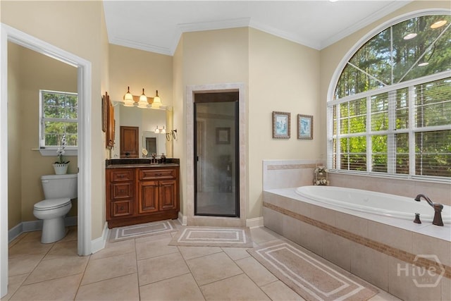 2055 Blankenbaker Rd, Statesboro, GA 30458 - bathroom with vanity, a garden tub, tile patterned flooring, crown molding, and a stall shower