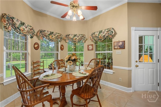 2055 Blankenbaker Rd, Statesboro, GA 30458 - dining space featuring light tile patterned flooring, ornamental molding, plenty of natural light, and ceiling fan