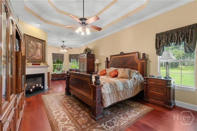 2055 Blankenbaker Rd, Statesboro, GA 30458 - bedroom with a tray ceiling, ornamental molding, dark wood-type flooring, and a fireplace with flush hearth