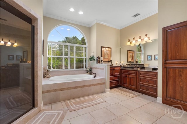 2055 Blankenbaker Rd, Statesboro, GA 30458 - full bathroom featuring vanity, a bath, tile patterned flooring, crown molding, and a shower with door