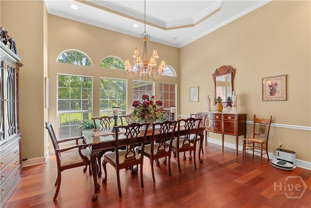 2055 Blankenbaker Rd, Statesboro, GA 30458 - dining area featuring wood finished floors, a chandelier, ornamental molding, a raised ceiling, and a high ceiling