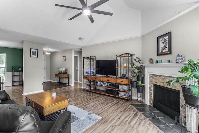 250 Laurel Hill Cir, Richmond Hill, GA 31324 - living area featuring a ceiling fan, high vaulted ceiling, wood finished floors, and a fireplace