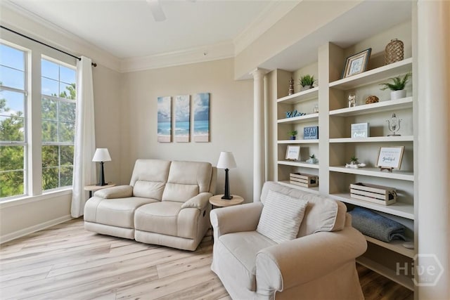 2536 Whitemarsh Way, Savannah, GA 31410 - living room featuring crown molding, light wood finished floors, ceiling fan, and decorative columns