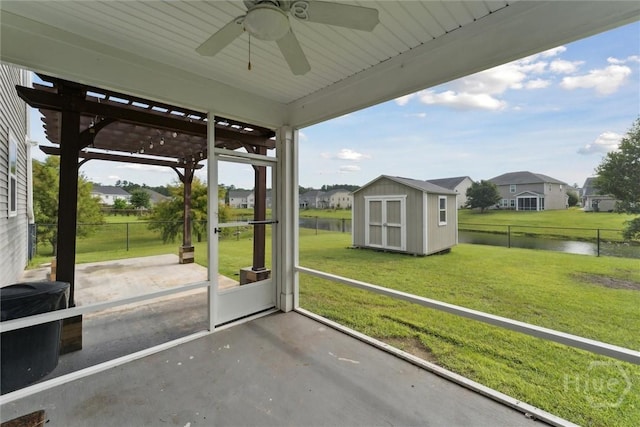 54 Winslow, Savannah, GA 31407 - unfurnished sunroom with a water view, a ceiling fan, and a residential view