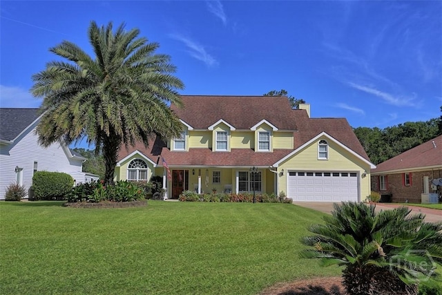 114 Lakeview Ct, Savannah, GA 31406 - view of front of home featuring concrete driveway, a front yard, a garage, covered porch, and a chimney