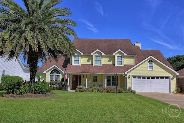 114 Lakeview Ct, Savannah, GA 31406 - traditional-style home with covered porch, concrete driveway, an attached garage, a front yard, and a chimney