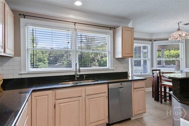 114 Lakeview Ct, Savannah, GA 31406 - kitchen featuring dishwasher, light brown cabinetry, dark countertops, light tile patterned flooring, and a textured ceiling