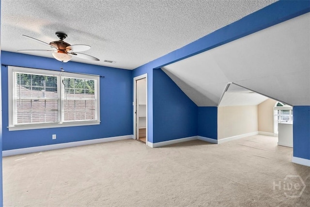 114 Lakeview Ct, Savannah, GA 31406 - additional living space with carpet, ceiling fan, a textured ceiling, and lofted ceiling