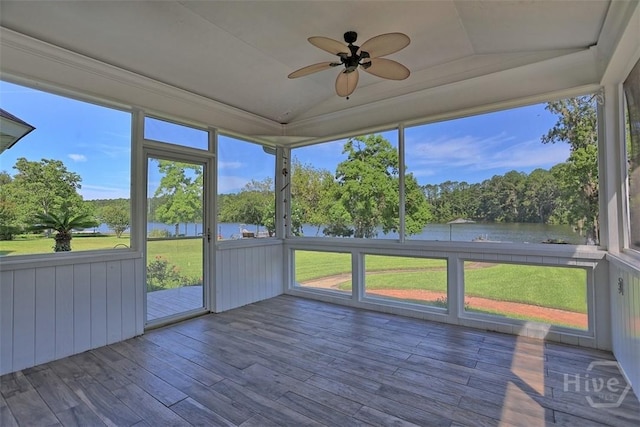 114 Lakeview Ct, Savannah, GA 31406 - unfurnished sunroom featuring a water view, ceiling fan, lofted ceiling, and view of scattered trees
