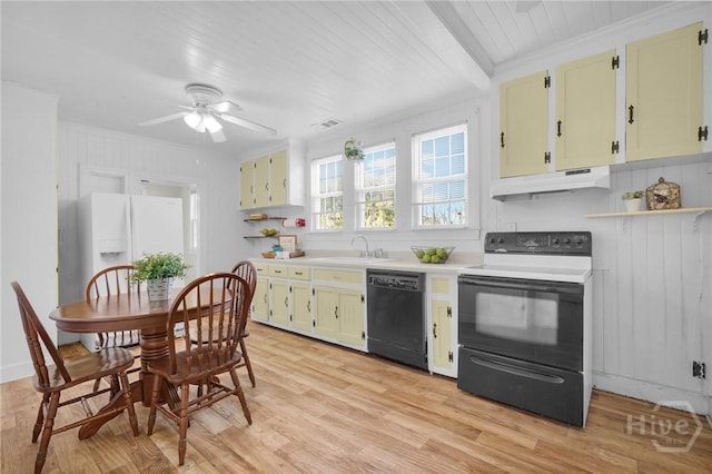345 Magnolia St, Richmond Hill, GA 31324 - kitchen featuring black appliances, open shelves, ceiling fan, light wood-style floors, and light countertops