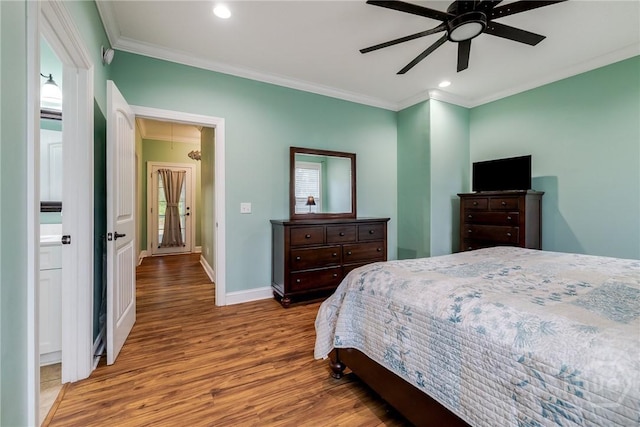 523 Goodman Dr, Midway, GA 31320 - bedroom with crown molding, wood finished floors, recessed lighting, and a ceiling fan