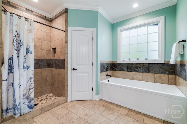 523 Goodman Dr, Midway, GA 31320 - full bathroom featuring ornamental molding, a bath, a tile shower, tile patterned floors, and recessed lighting