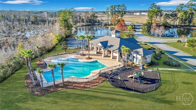 121 Belle Gate Dr, Pooler, GA 31322 - community pool featuring a lawn, a patio area, and a water view