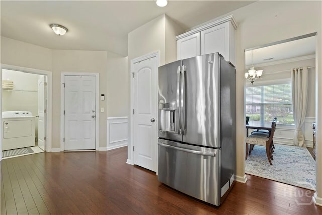 121 Belle Gate Dr, Pooler, GA 31322 - kitchen featuring stainless steel fridge with ice dispenser, washer / clothes dryer, dark wood-type flooring, a chandelier, and white cabinetry