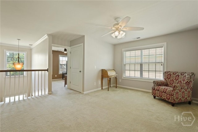 121 Belle Gate Dr, Pooler, GA 31322 - living area featuring ceiling fan, light colored carpet, and ornamental molding