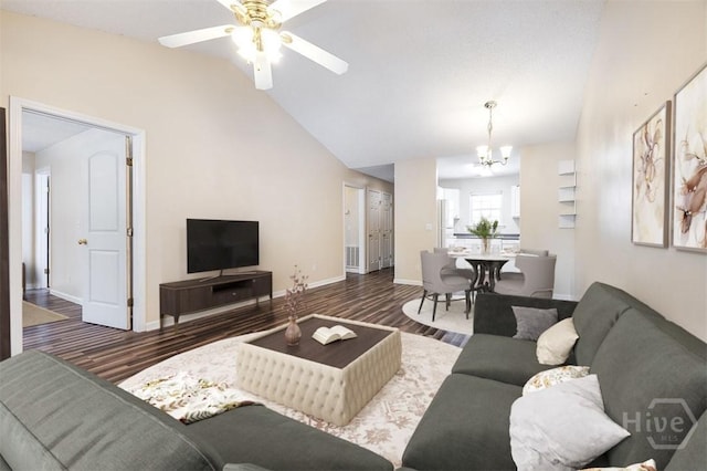 310 Tibet Ave Unit 52, Savannah, GA 31406 - living area with a chandelier, wood finished floors, vaulted ceiling, and ceiling fan
