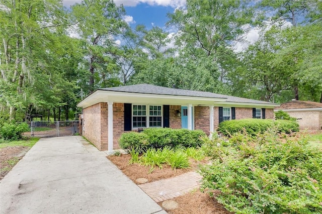 206 Pinecrest Pl, Pooler, GA 31322 - single story home featuring driveway, brick siding, covered porch, roof with shingles, and view of scattered trees