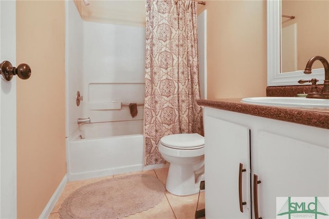 full bathroom featuring toilet, shower / bath combo, tile floors, and vanity