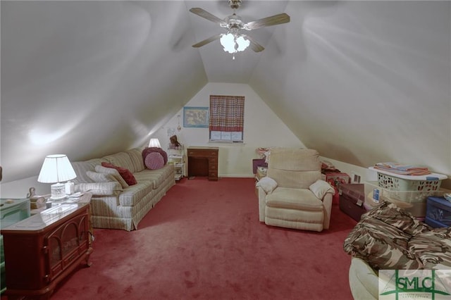 living room with ceiling fan, vaulted ceiling, and dark colored carpet