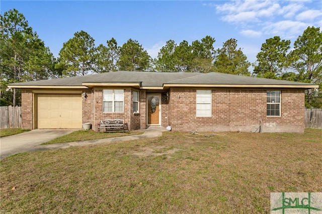 single story home featuring a front yard and a garage