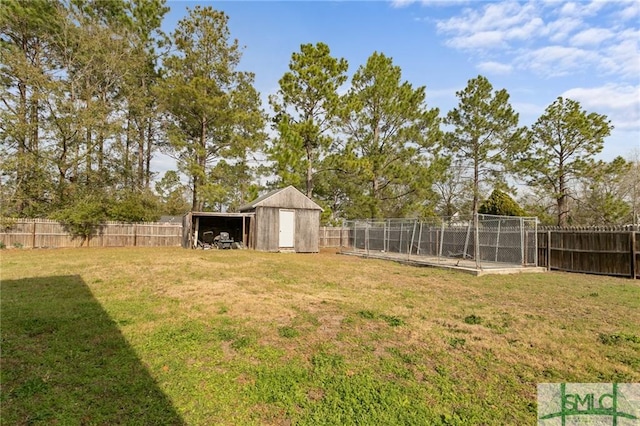 view of yard featuring a storage shed