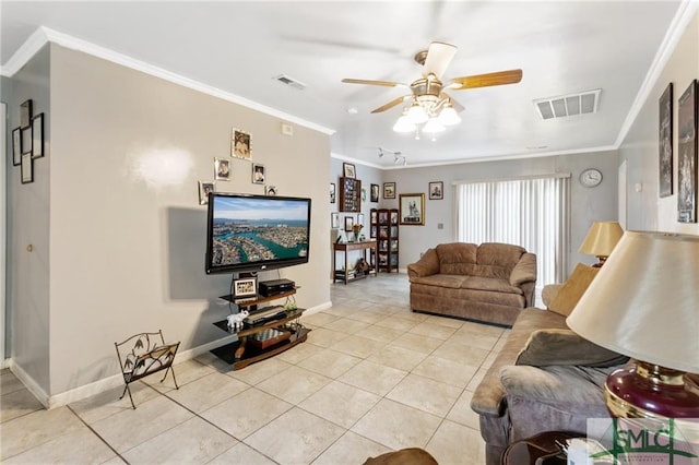 living room featuring ceiling fan, light tile flooring, and ornamental molding