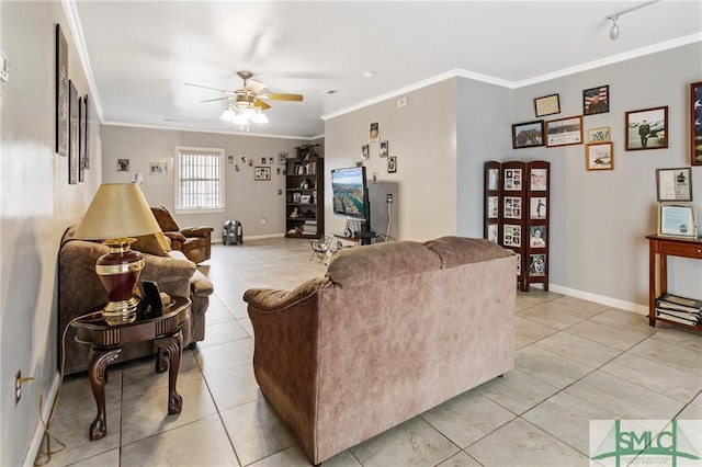 living room featuring crown molding, ceiling fan, and light tile floors