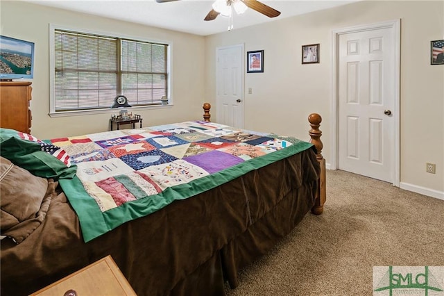 bedroom with ceiling fan and light colored carpet