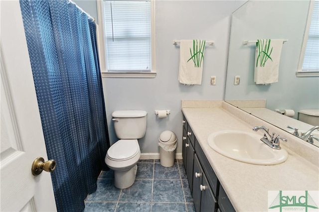 bathroom with toilet, vanity, and tile flooring