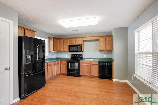 kitchen featuring sink, light wood-type flooring, and black appliances