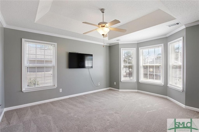 empty room featuring light carpet, a raised ceiling, ceiling fan, and crown molding